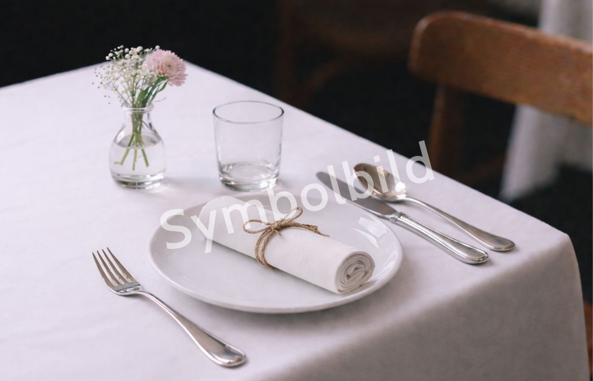 Fehér terítővel letakart éttermi asztal, tányérral, evőeszközökkel, pohárral és egy kis virágvázával. Vízjelként a „Symbolbild” felirat olvasható.