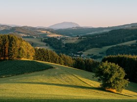 Hügelige Landschaft mit Schneeberg im Hintergrund, © Wiener Alpen