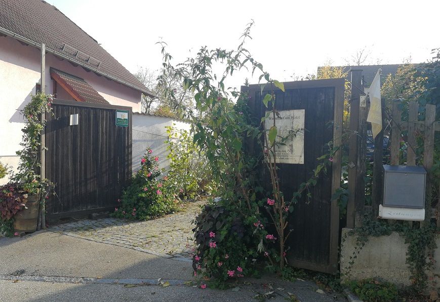 Bejárati kapu egy szőlőskertbe, növényekkel és virágokkal.