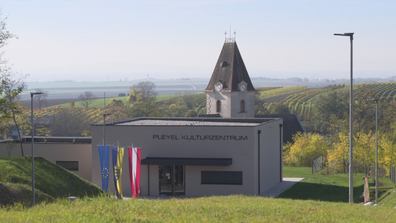 A "Pleyel Kultur&aacute;lis K&ouml;zpont" felirat&uacute; modern &eacute;p&uuml;let egy vid&eacute;ki t&aacute;jk&eacute;p előtt, szőlő&uuml;ltetv&eacute;nyekkel &eacute;s egy templomtoronnyal.