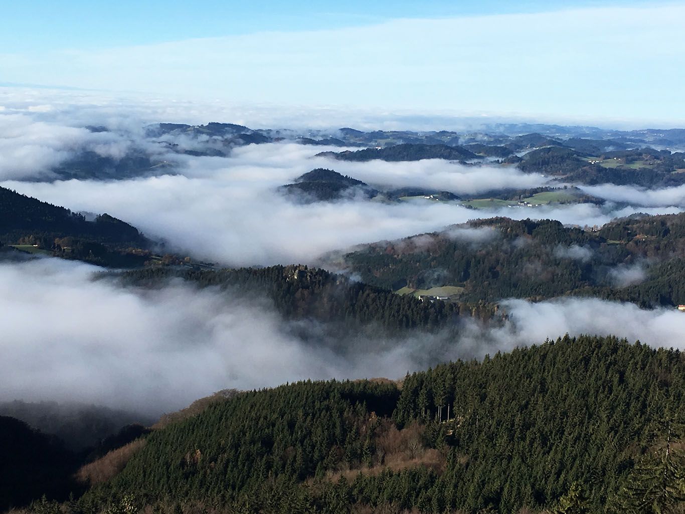 Kilátás a vár kőfaláról a ködbe burkolózó hegyekre és erdőkre.