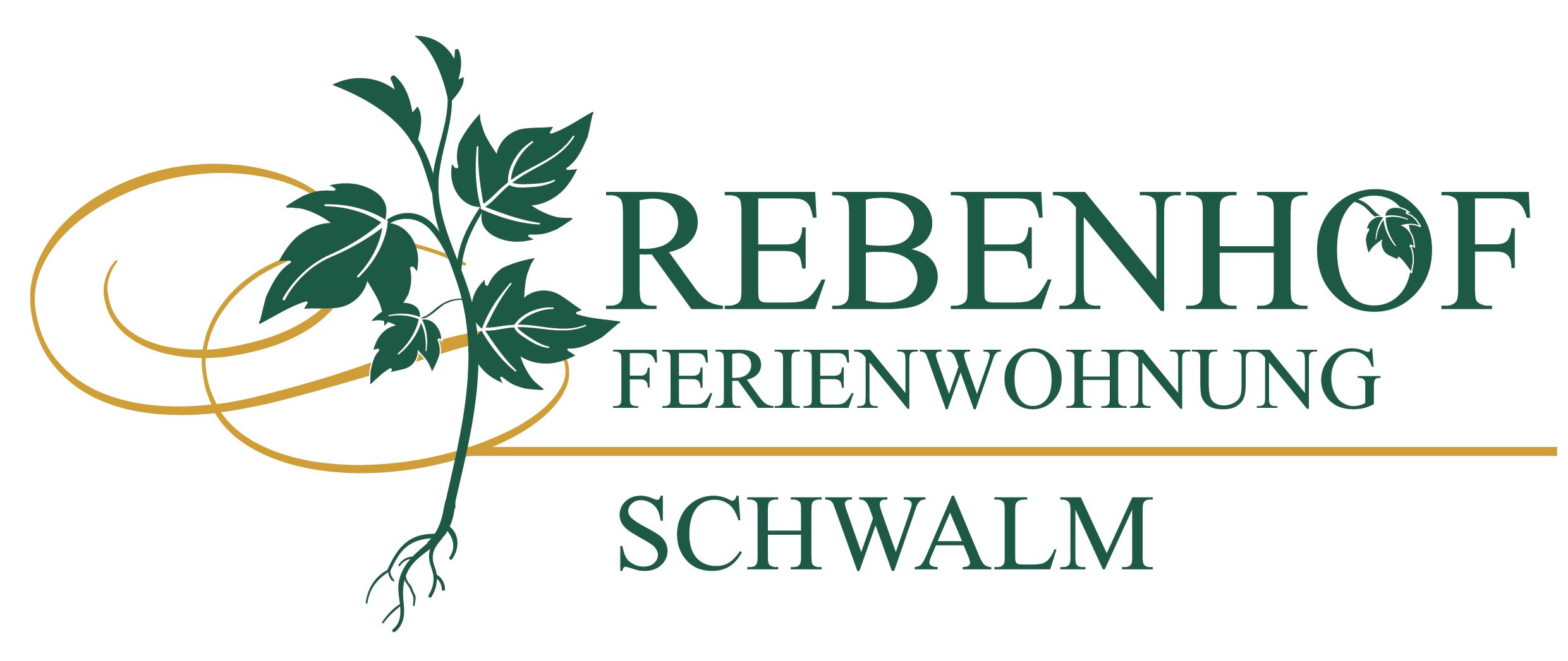 A Rebenhof logója zöld levelekkel és a "Rebenhof Ferienwohnung Schwalm" felirattal.