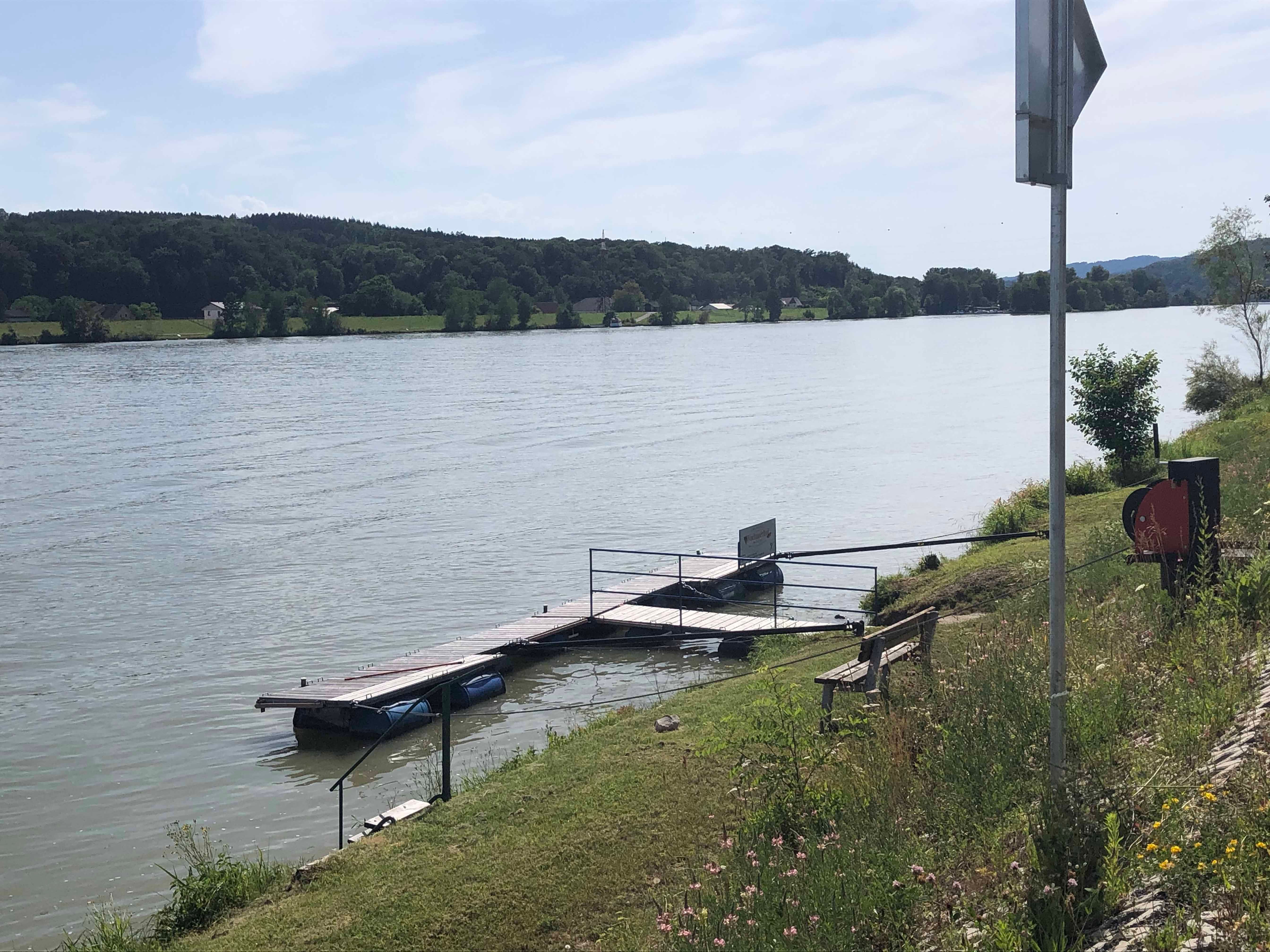 Móló a folyóparton paddal és növényzettel.