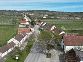Panor&aacute;ma kil&aacute;t&aacute;s a Feuersbrunn pincesorra, mezőkre &eacute;s szőlő&uuml;ltetv&eacute;nyekre,