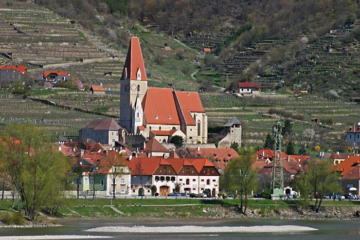 Erődített templom Weißenkirchen in der Wachau-ban, a környező épületekkel és szőlőültetvényekkel.