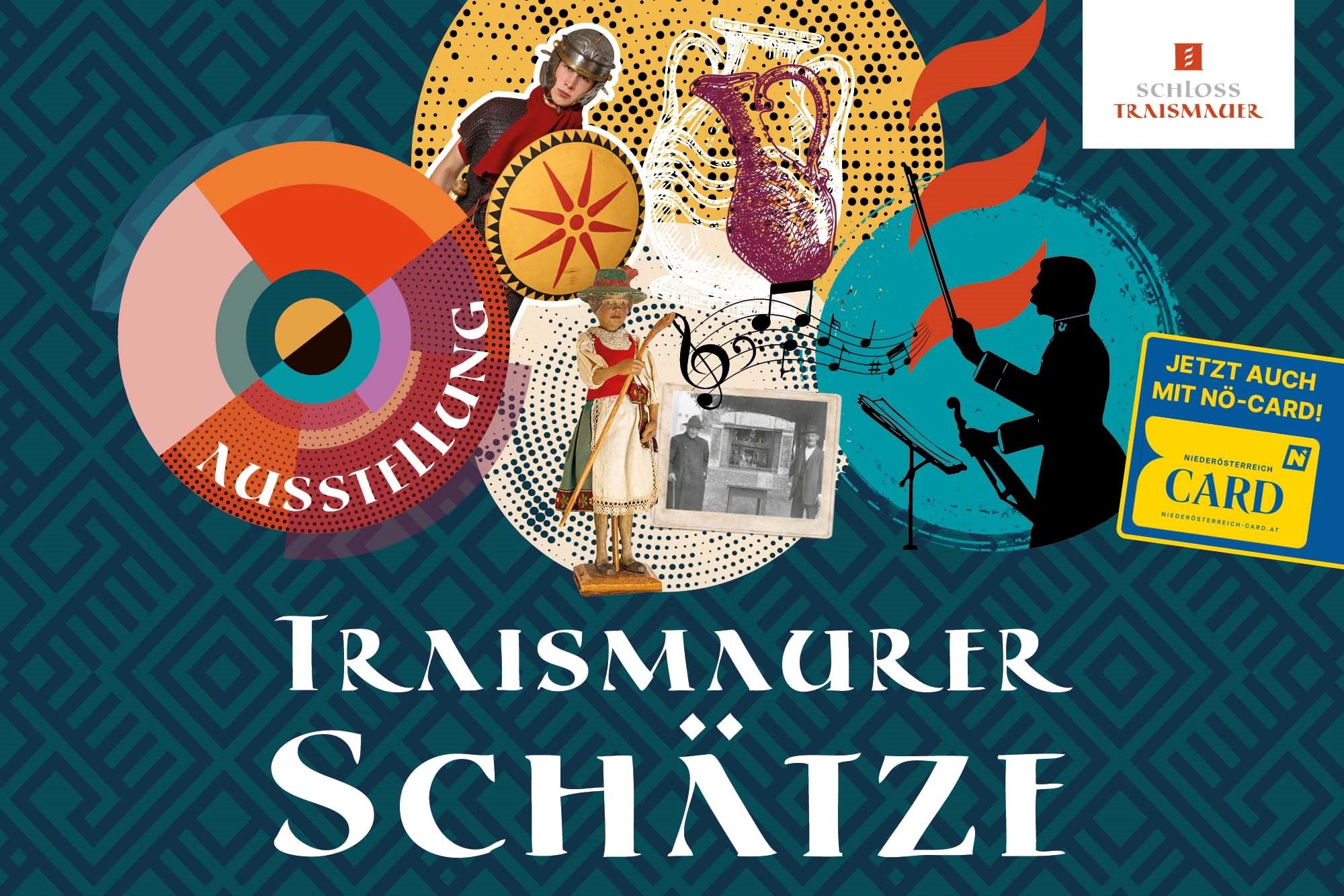 A Traismauer kastélyban megrendezett "Traismaurer kincsek" című kiállítás plakátja történelmi és kulturális motívumokkal.