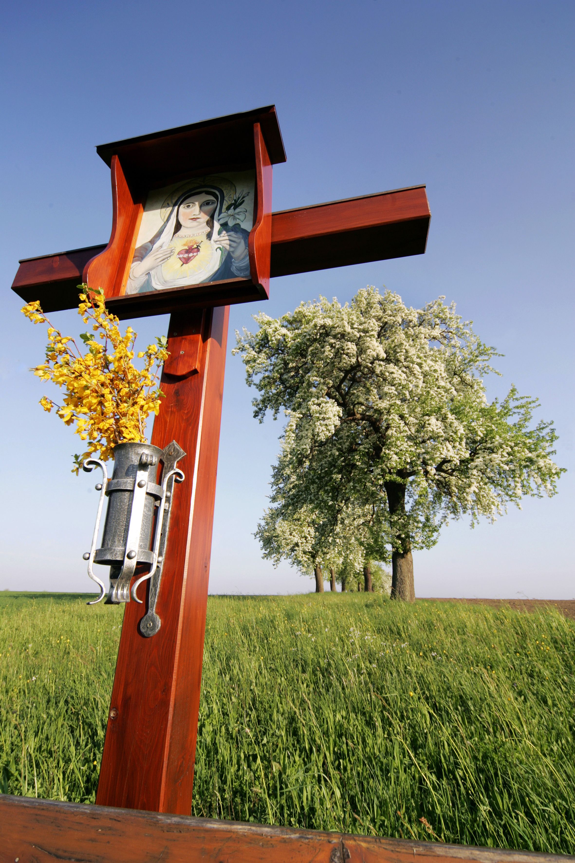 Fából készült út menti kereszt Szűz Mária képpel és sárga virágokkal, a háttérben virágzó fákkal egy réten.