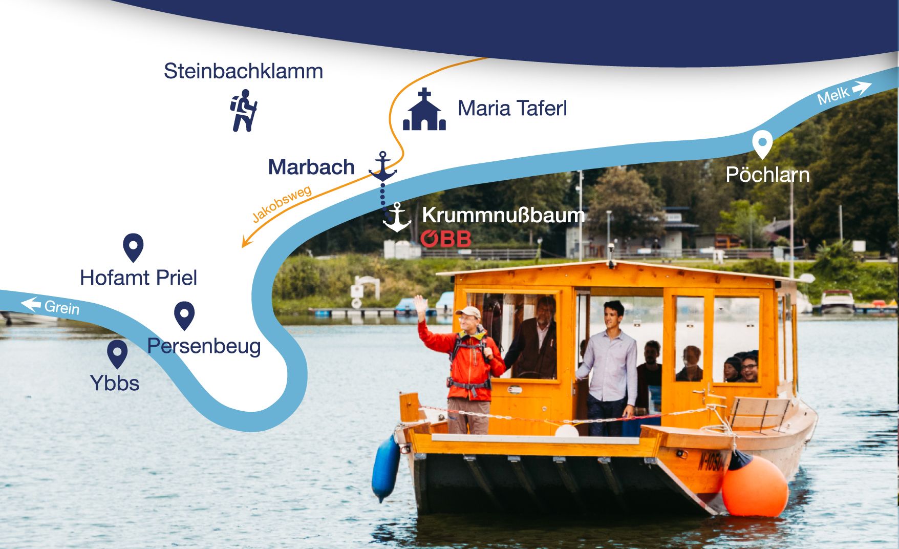 Egy bárka a folyón, a környező terület áttekintő térképével.