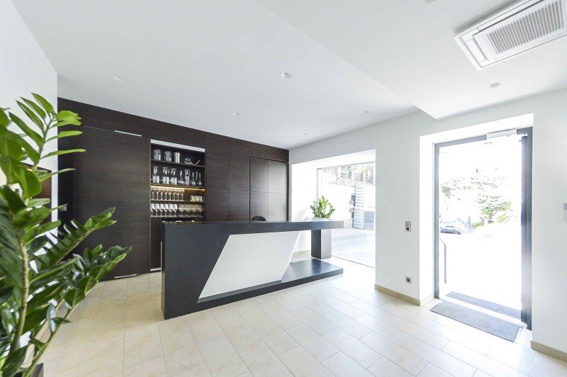 Modern kóstolóterem bárral és polcokkal a Stadt Krems borászatban.