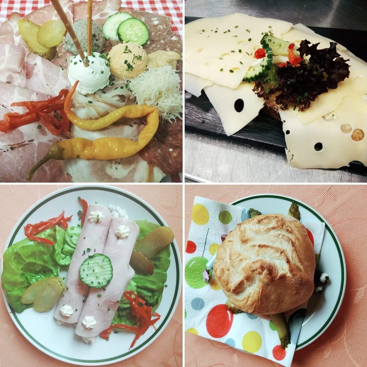Különböző osztrák harapnivalók kolbásszal, sajttal és kenyérrel.