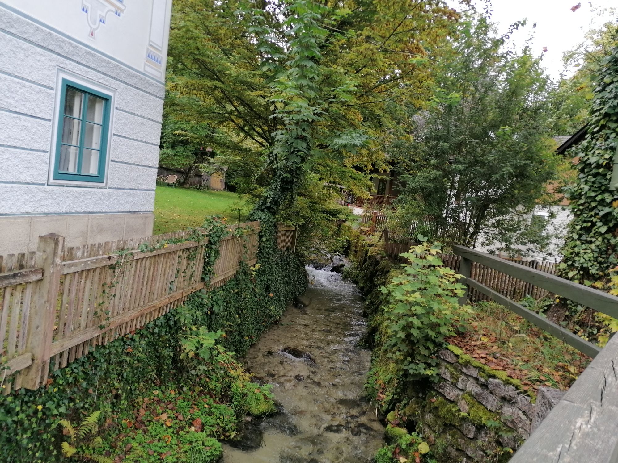 Egy kis patak folyik egy ház és egy fakerítés között, fákkal és növényekkel körülvéve.
