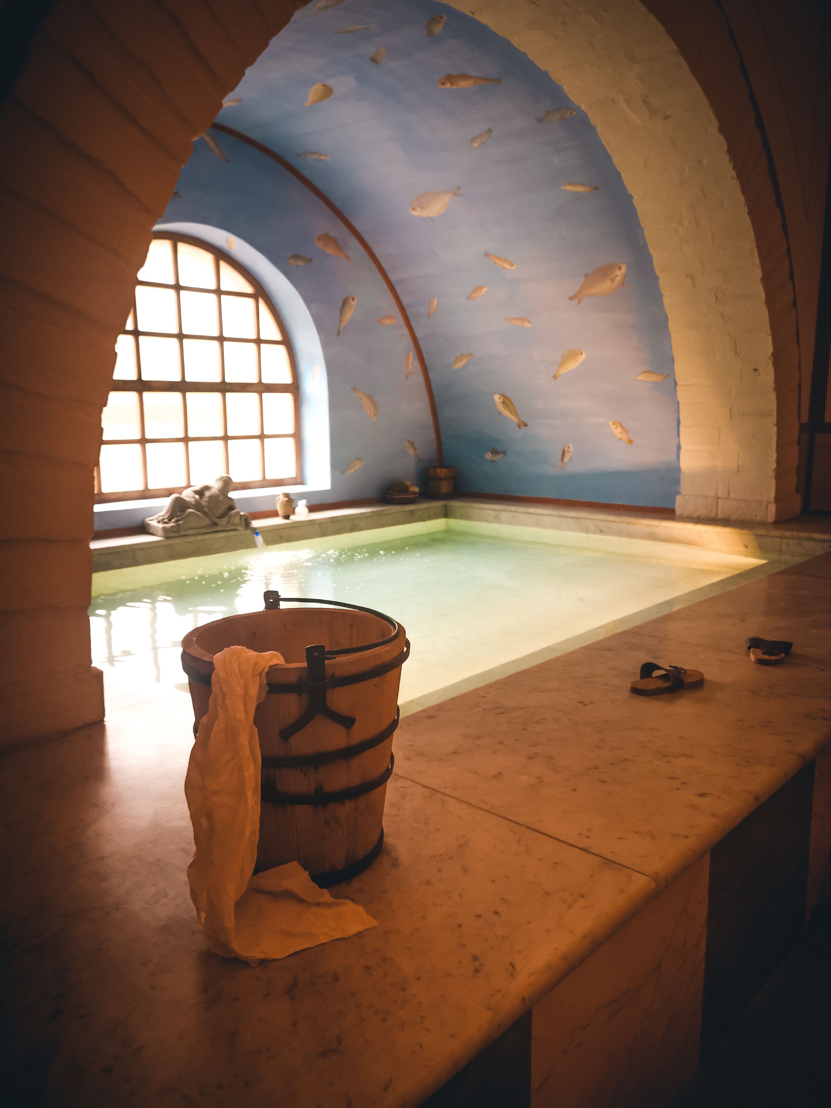 In einem ruhigen Raum mit sanftem Licht und einem einladenden Pool entsteht eine entspannende Atmosphäre. Die Wände sind mit zarten Fischen dekoriert, die an die Unterwasserwelt erinnern und die Sinne beruhigen. Ein Holzfass und ein weicher Stoff verleihen dem Raum eine rustikale Note, perfekt für eine Auszeit vom Alltag.