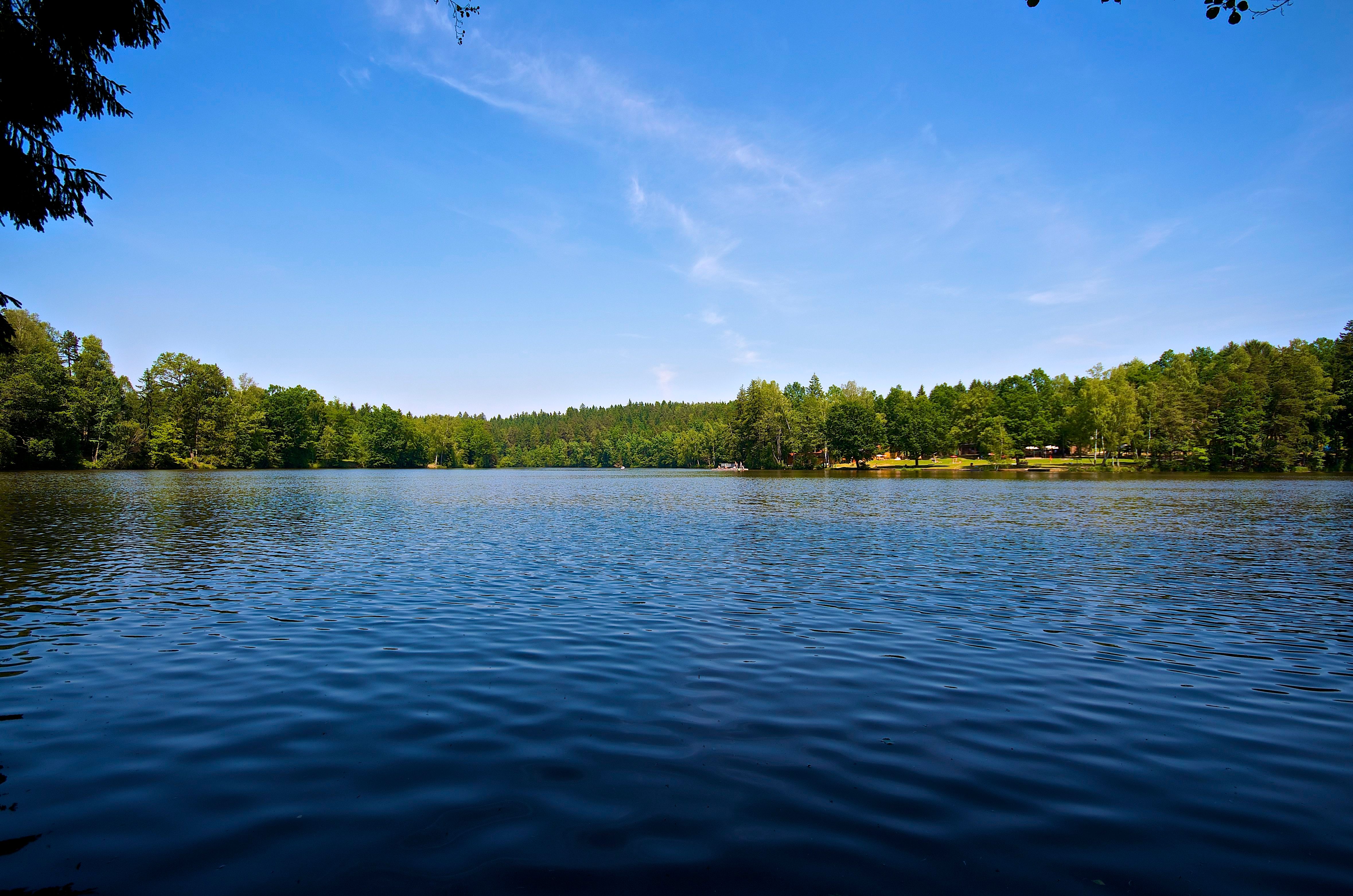 A Herrensee kilátása a fás partra és a kék égre.