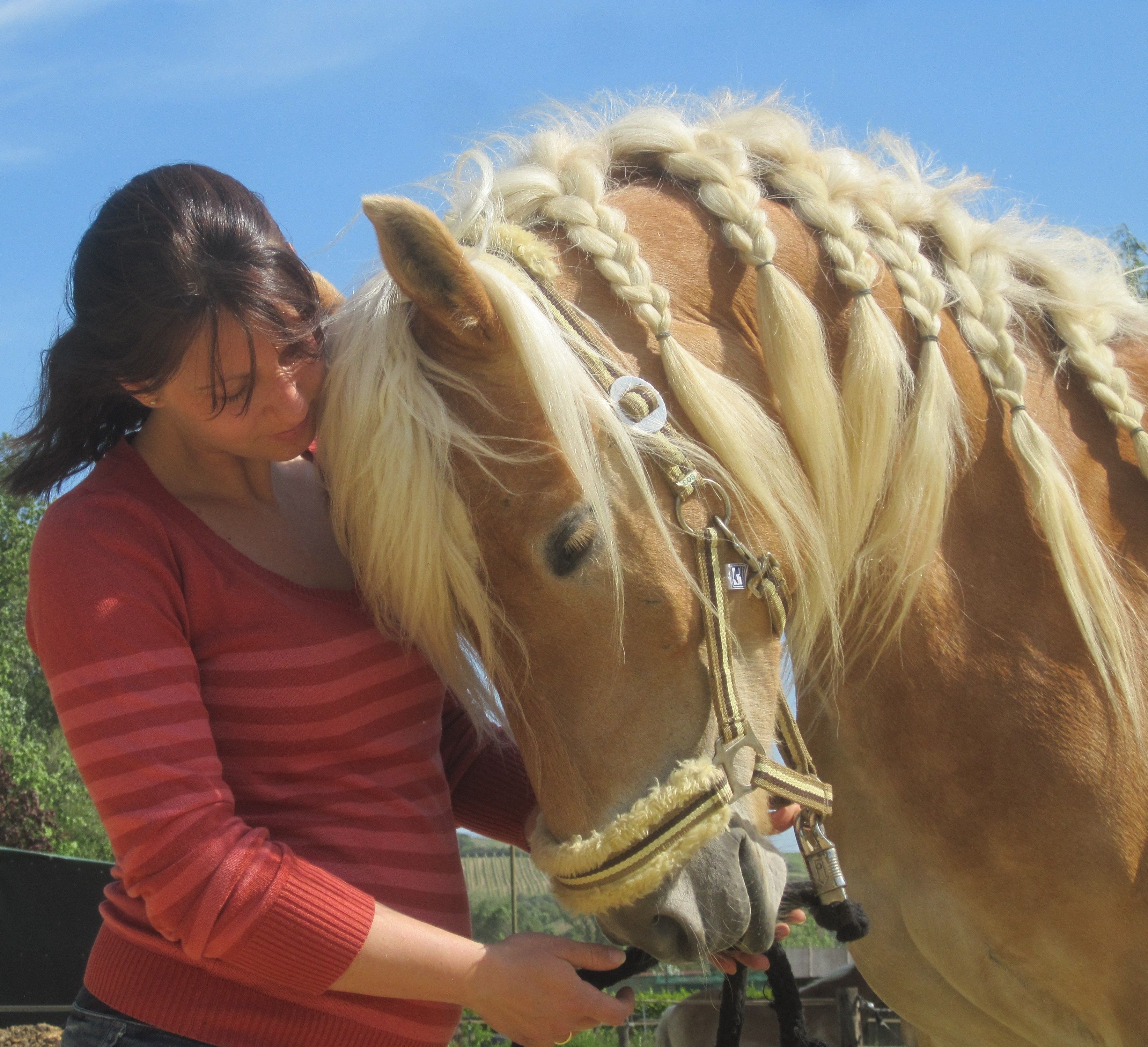 Egy piros pulóvert viselő nő áll egy copfos sörényű ló mellett.