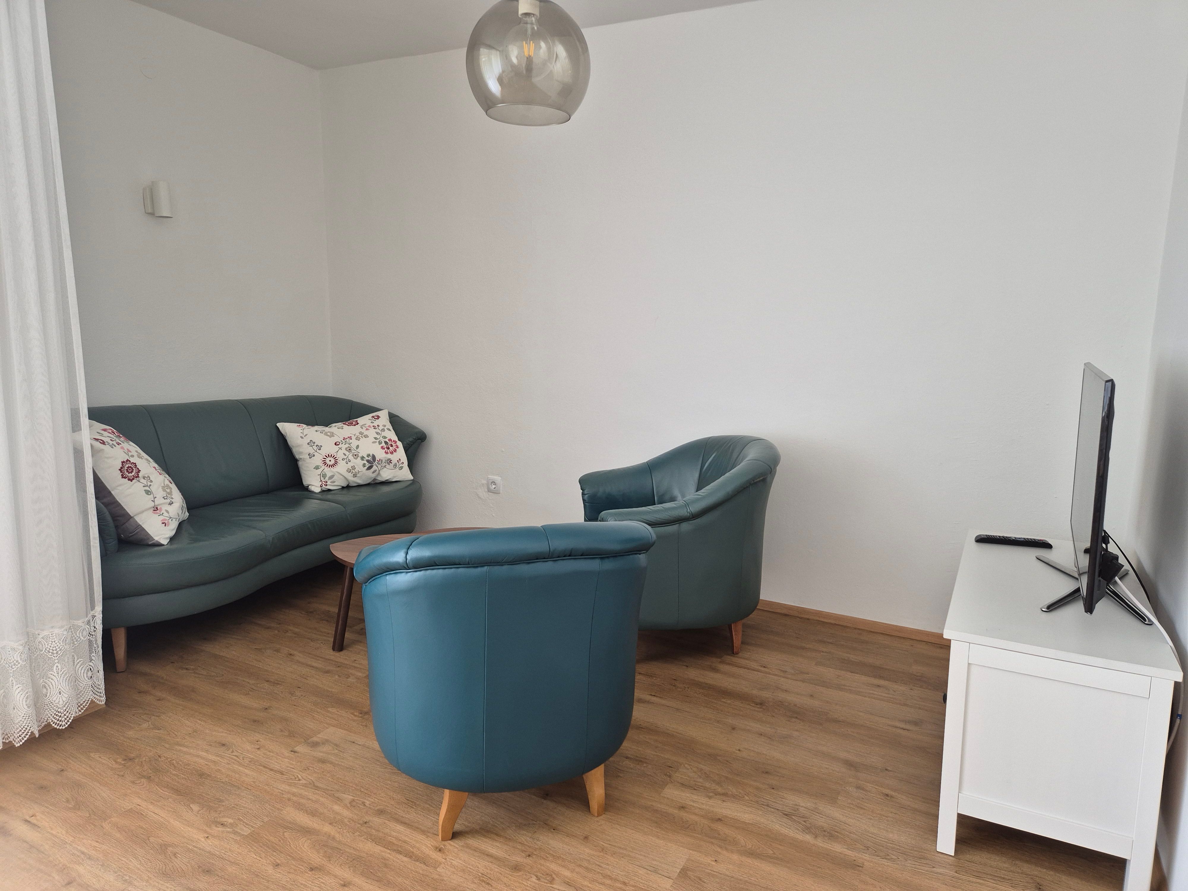 Nappali kék kanapékkal, fapadlóval és televízióval.