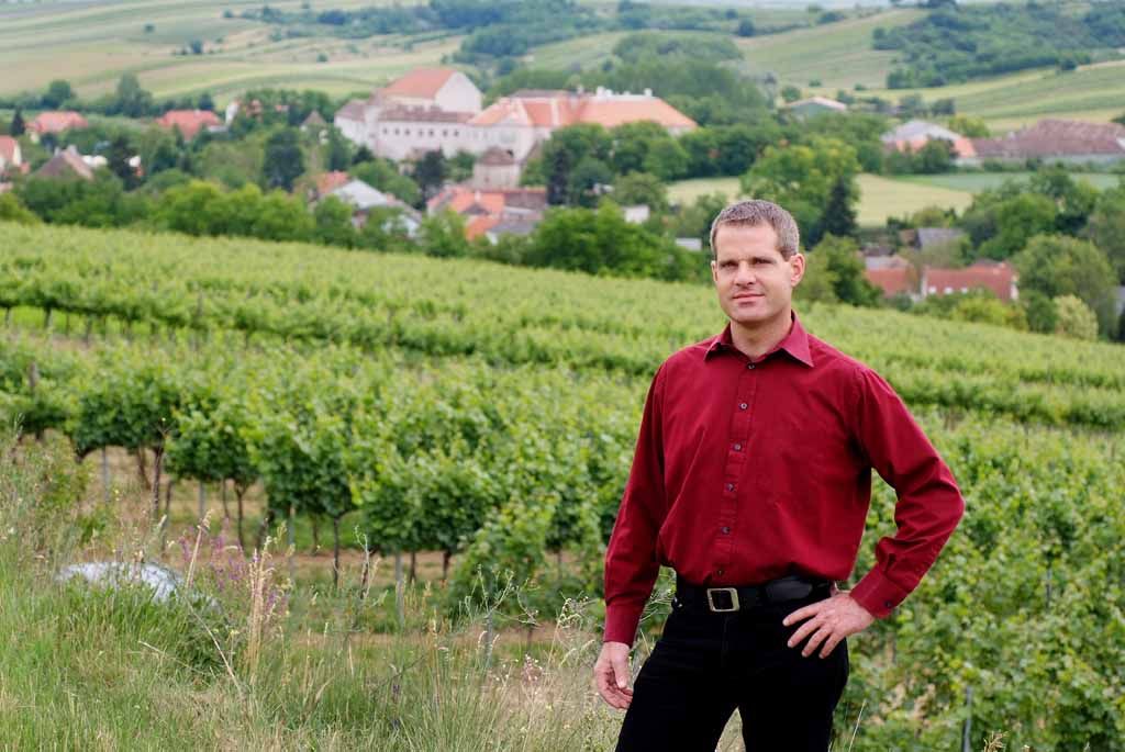 Egy piros inges ember áll a szőlőskertek előtt, a háttérben egy faluval.