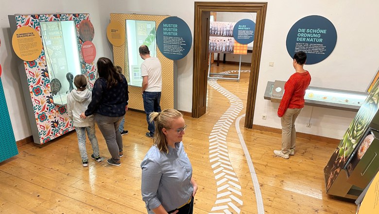 Az emberek egy m&uacute;zeumban interakt&iacute;v ki&aacute;ll&iacute;t&aacute;sokat n&eacute;znek meg sz&ouml;veges t&aacute;bl&aacute;kkal &eacute;s ki&aacute;ll&iacute;t&aacute;si t&aacute;rgyakkal.